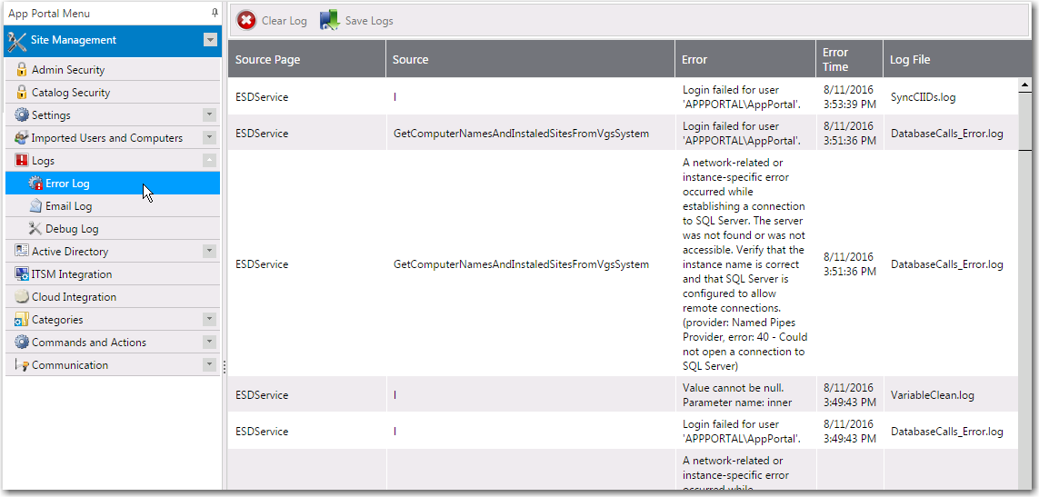Error Log View